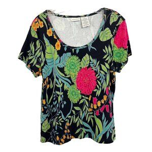 Vintage Y2K Black Floral Sequin Short Sleeve Scoop Neck Shirt Funky Artsy LARGE